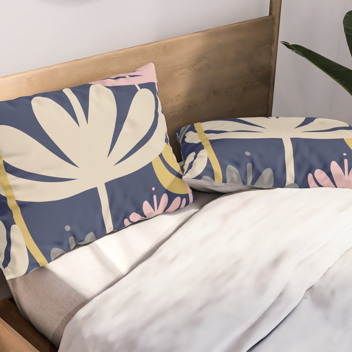 Bali Flowers Abstract Floral Pattern in Mustard, Pink, Gray, and Navy Blue Pillow Sham Gallery Image 2