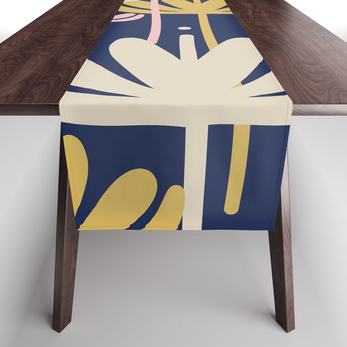 Bali Flowers Abstract Floral Pattern in Mustard, Pink, Gray, and Navy Blue Table Runner Gallery Image 1