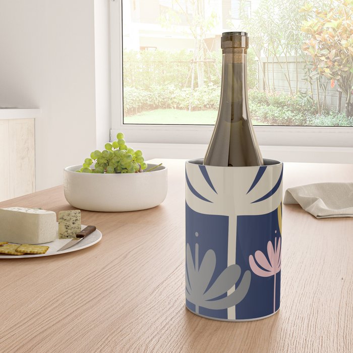 Bali Flowers Abstract Floral Pattern in Mustard, Pink, Gray, and Navy Blue Wine Chiller Gallery Image 4