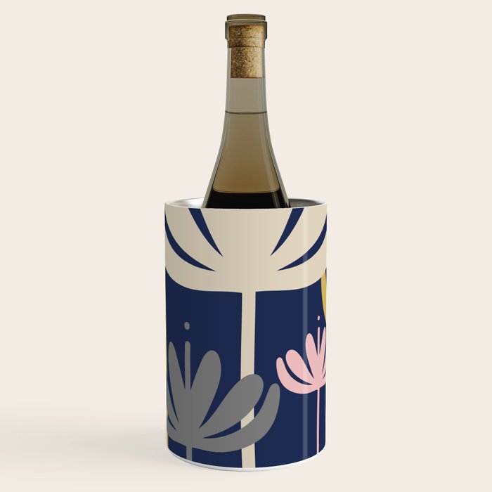 Bali Flowers Abstract Floral Pattern in Mustard, Pink, Gray, and Navy Blue Wine Chiller Gallery Image 1