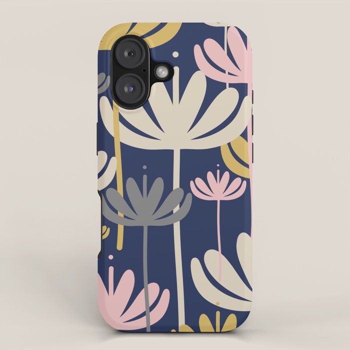 Bali Flowers Abstract Floral Pattern in Mustard, Pink, Gray, and Navy Blue iPhone Case Gallery Image 1
