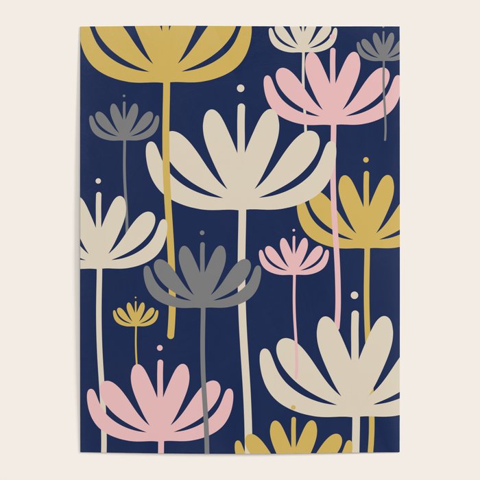 Bali Flowers Abstract Floral Pattern in Mustard, Pink, Gray, and Navy Blue Poster Gallery Image 1