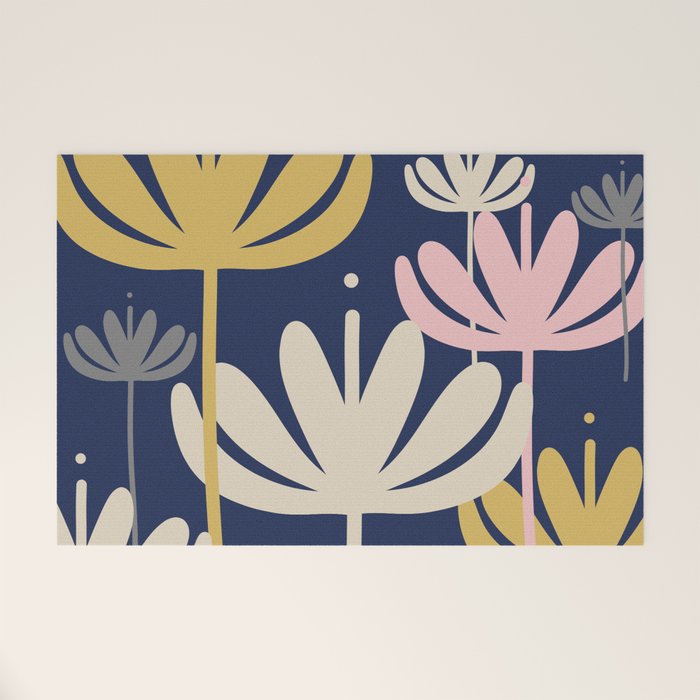 Bali Flowers Abstract Floral Pattern in Mustard, Pink, Gray, and Navy Blue Welcome Mat Gallery Image 1