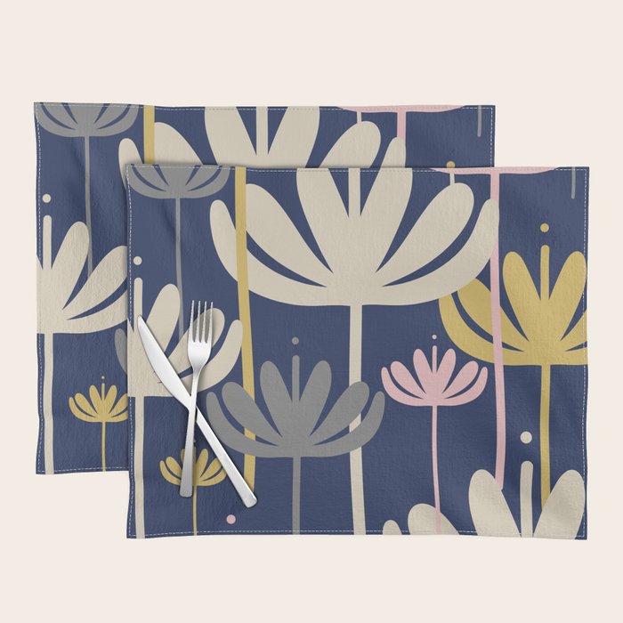 Bali Flowers Abstract Floral Pattern in Mustard, Pink, Gray, and Navy Blue Placemat Gallery Image 1