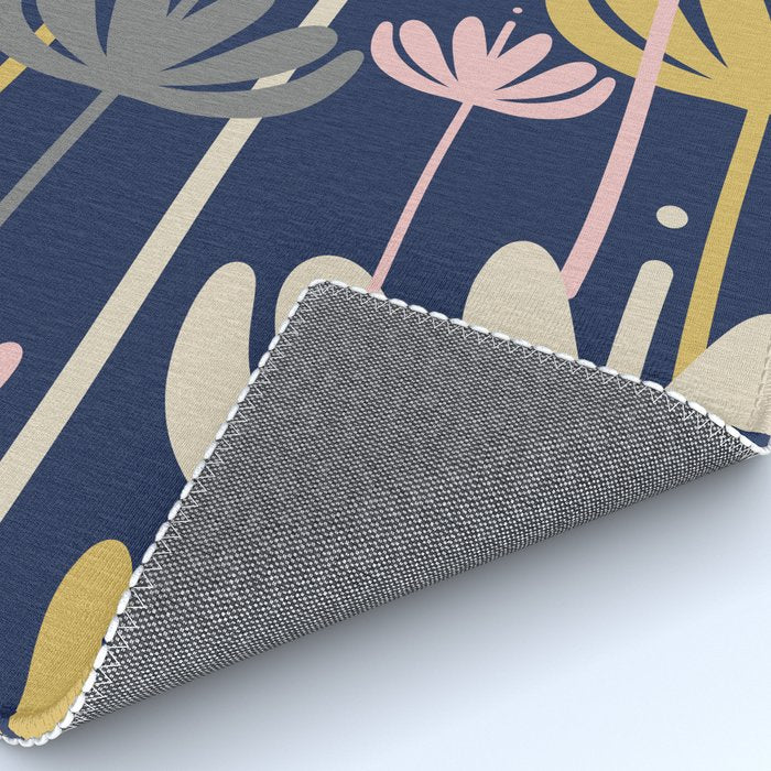 Bali Flowers Abstract Floral Pattern in Mustard, Pink, Gray, and Navy Blue Rug Gallery Image 4
