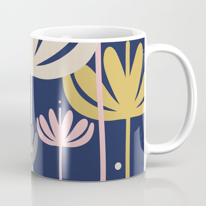 Bali Flowers Abstract Floral Pattern in Mustard, Pink, Gray, and Navy Blue Coffee Mug Gallery Image 1