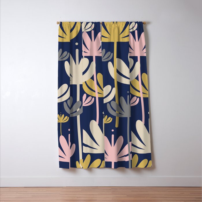 Bali Flowers Abstract Floral Pattern in Mustard, Pink, Gray, and Navy Blue Window Curtain Gallery Image 3