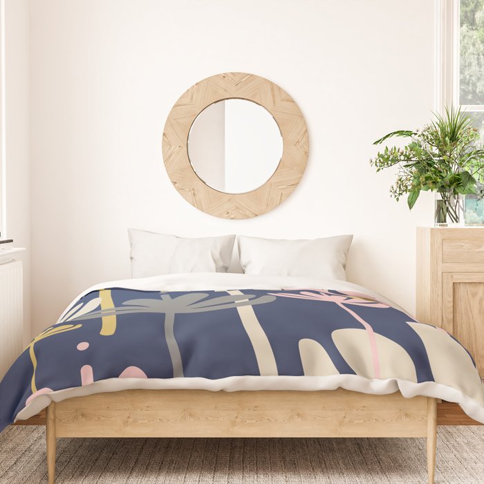 Bali Flowers Abstract Floral Pattern in Mustard, Pink, Gray, and Navy Blue Duvet Cover Gallery Image 3