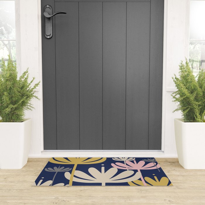 Bali Flowers Abstract Floral Pattern in Mustard, Pink, Gray, and Navy Blue Welcome Mat Gallery Image 3