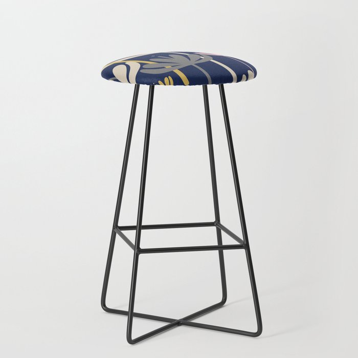 Bali Flowers Abstract Floral Pattern in Mustard, Pink, Gray, and Navy Blue Stool Gallery Image 1