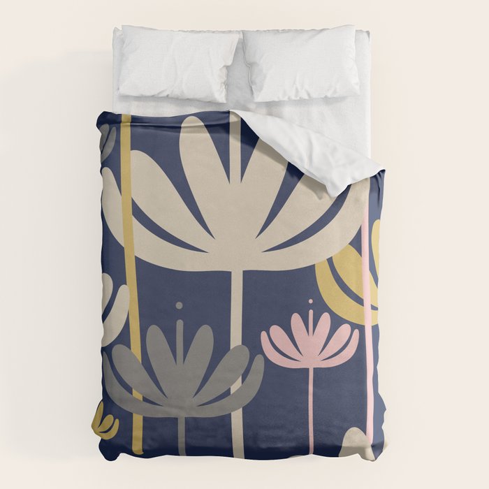 Bali Flowers Abstract Floral Pattern in Mustard, Pink, Gray, and Navy Blue Duvet Cover Gallery Image 6