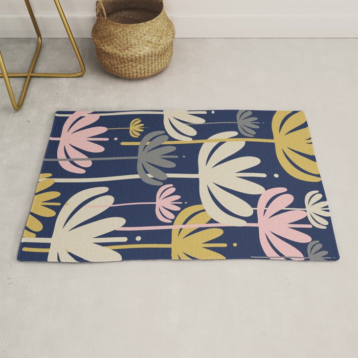 Bali Flowers Abstract Floral Pattern in Mustard, Pink, Gray, and Navy Blue Rug Gallery Image 1