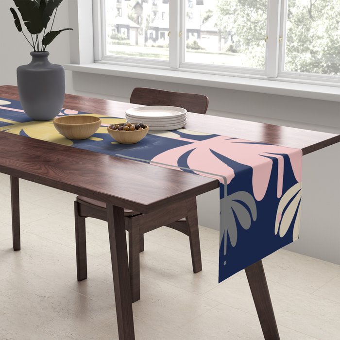 Bali Flowers Abstract Floral Pattern in Mustard, Pink, Gray, and Navy Blue Table Runner Gallery Image 2