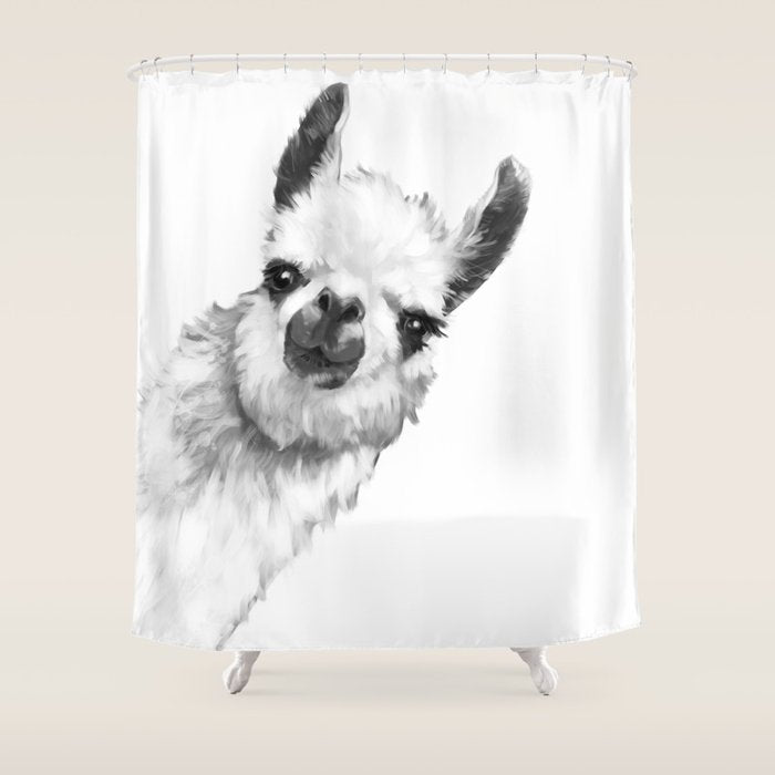 Sneaky Llama Black and White Shower Curtain Gallery Image 1