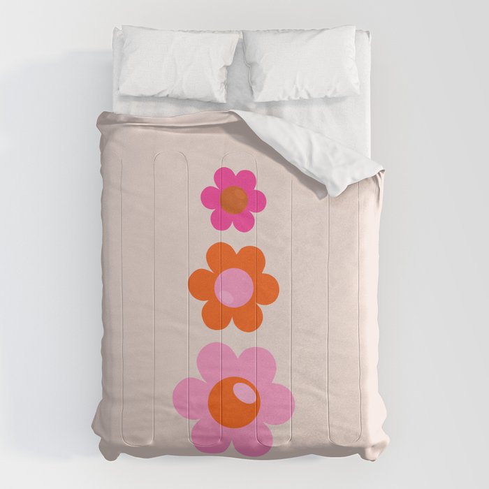 Les Fleurs | 01 - Abstract Retro Floral, Pink And Orange Print Preppy Flowers Comforter Gallery Image 6