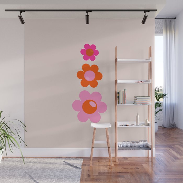 Les Fleurs | 01 - Abstract Retro Floral, Pink And Orange Print Preppy Flowers Wall Mural Gallery Image 1
