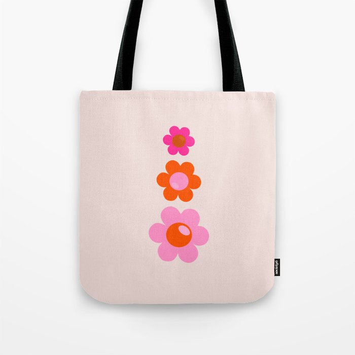 Les Fleurs | 01 - Abstract Retro Floral, Pink And Orange Print Preppy Flowers Tote Bag Gallery Image 1