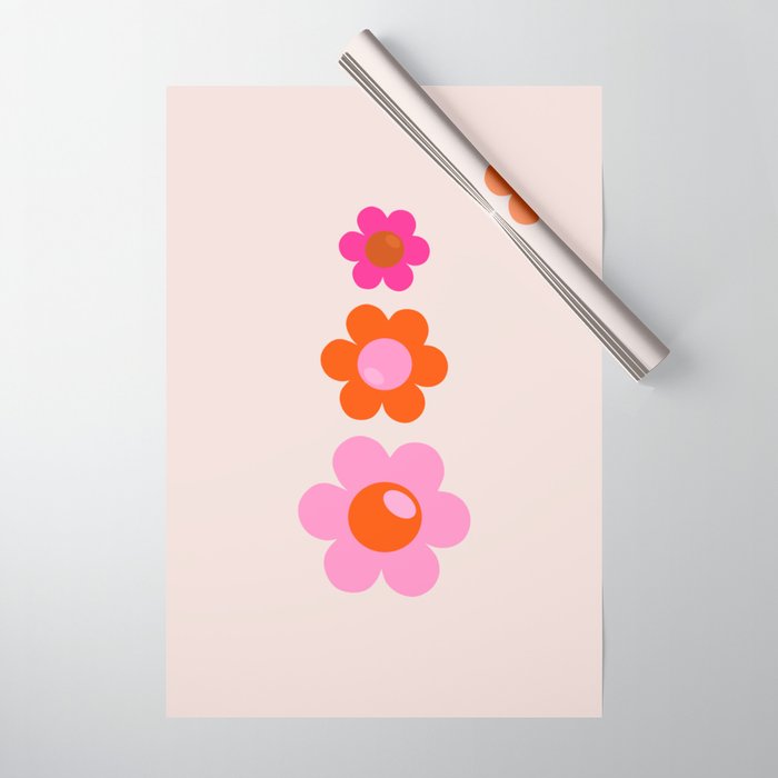 Les Fleurs | 01 - Abstract Retro Floral, Pink And Orange Print Preppy Flowers Wrapping Paper Gallery Image 1