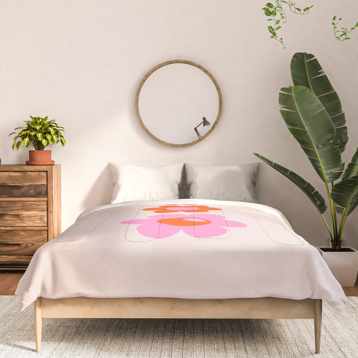 Les Fleurs | 01 - Abstract Retro Floral, Pink And Orange Print Preppy Flowers Comforter Gallery Image 3