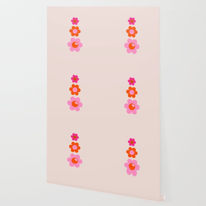 Les Fleurs | 01 - Abstract Retro Floral, Pink And Orange Print Preppy Flowers Wallpaper Gallery Image 2
