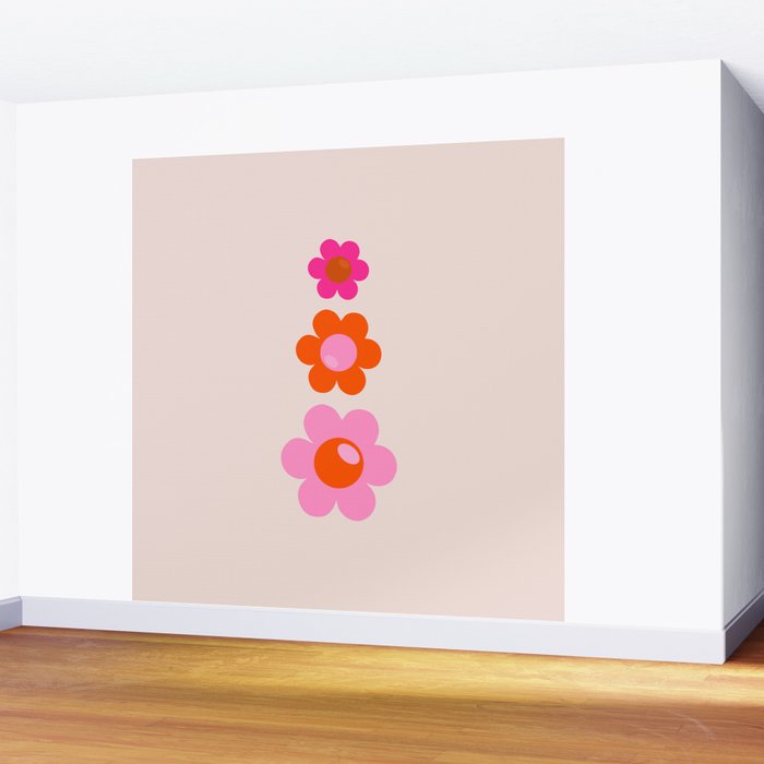 Les Fleurs | 01 - Abstract Retro Floral, Pink And Orange Print Preppy Flowers Wall Mural Gallery Image 2