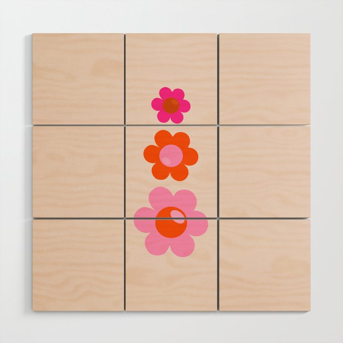 Les Fleurs | 01 - Abstract Retro Floral, Pink And Orange Print Preppy Flowers Wood Wall Art Gallery Image 1