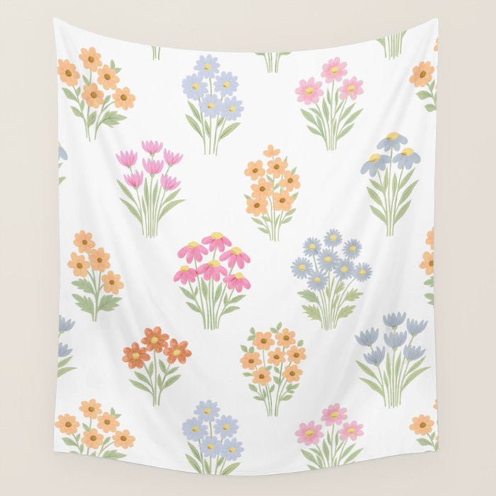 Delicate Hand-Drawn Pastel Floral Meadow Wildflowers  Wall Tapestry Gallery Image 1