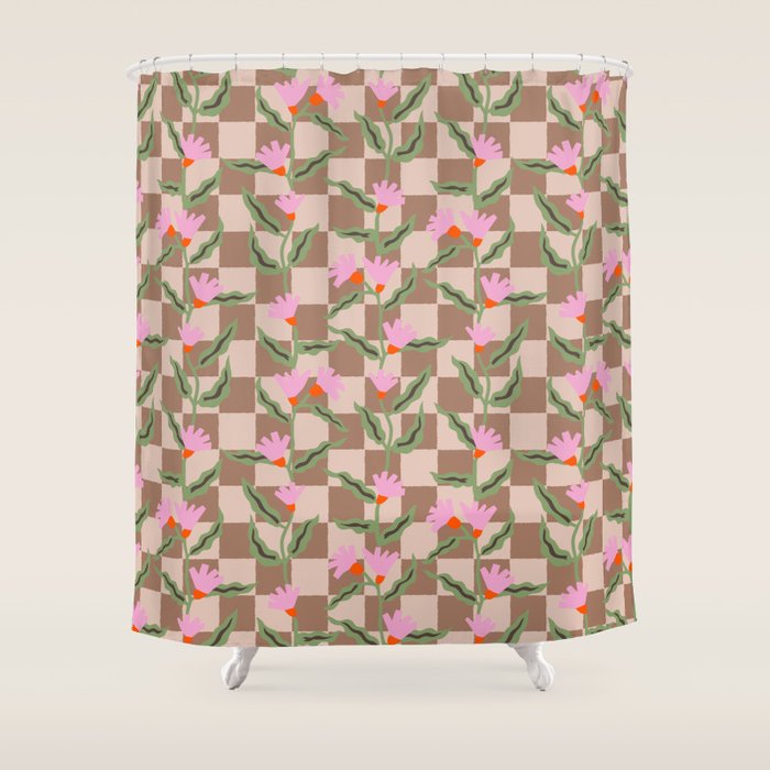 CELIE CHECKER Inspired by PANTONE 17 1230 Mocha Mousse Shower Curtain Gallery Image 1