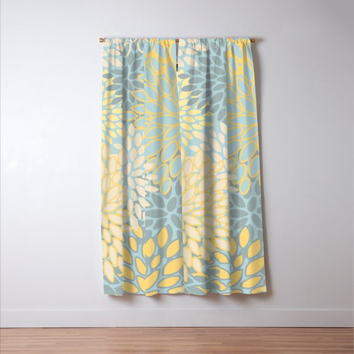 Elegant Blooms: Modern Floral Art in Soft Yellow and Teal Window Curtain Gallery Image 3