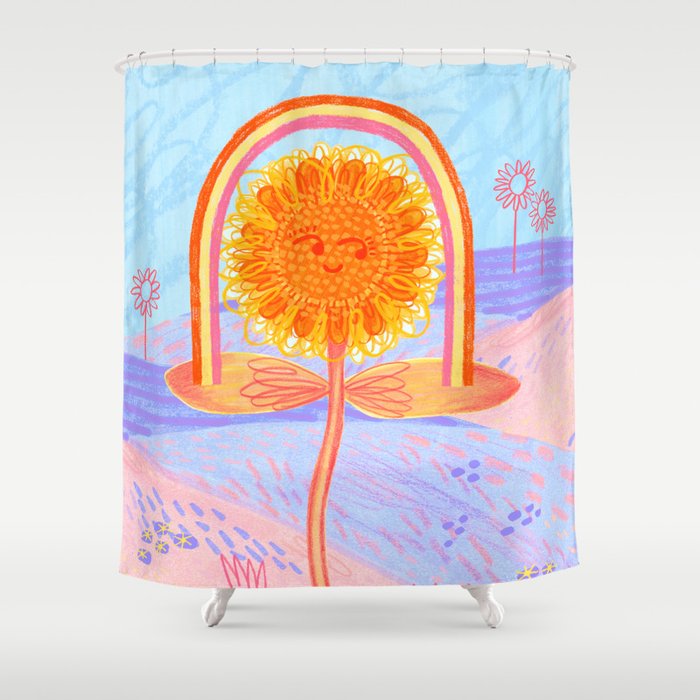 Retro Sunflower & Rainbow in Blue & Pink Shower Curtain Gallery Image 1