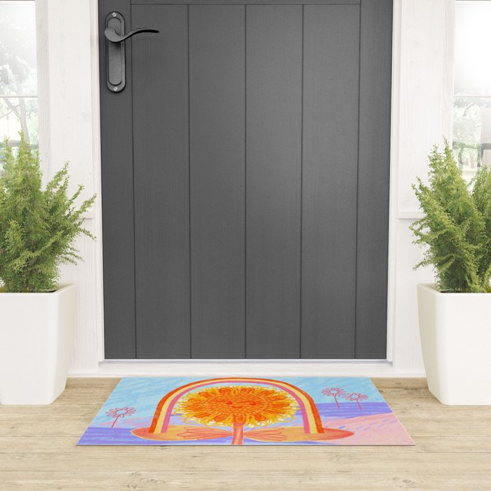 Retro Sunflower & Rainbow in Blue & Pink Welcome Mat Gallery Image 3