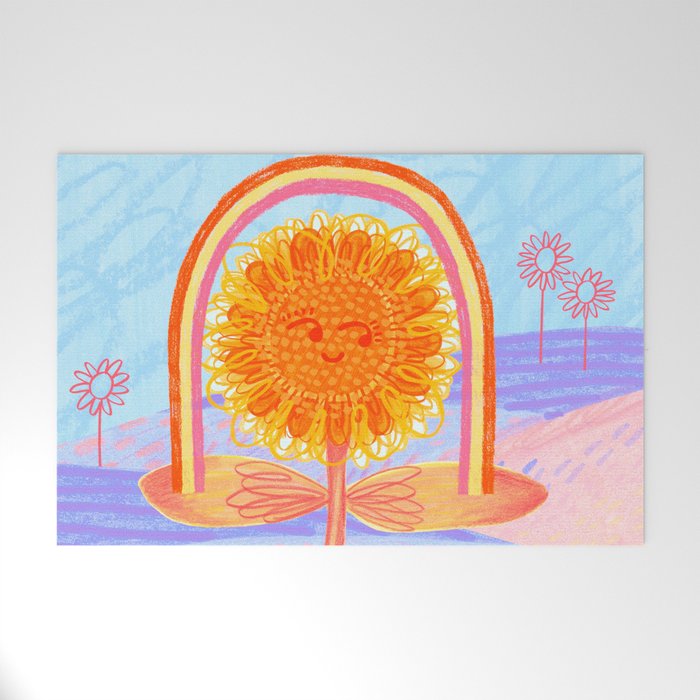 Retro Sunflower & Rainbow in Blue & Pink Welcome Mat Gallery Image 1