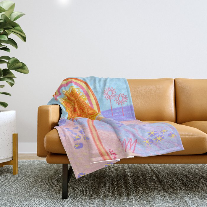 Retro Sunflower & Rainbow in Blue & Pink Throw Blanket Gallery Image 1