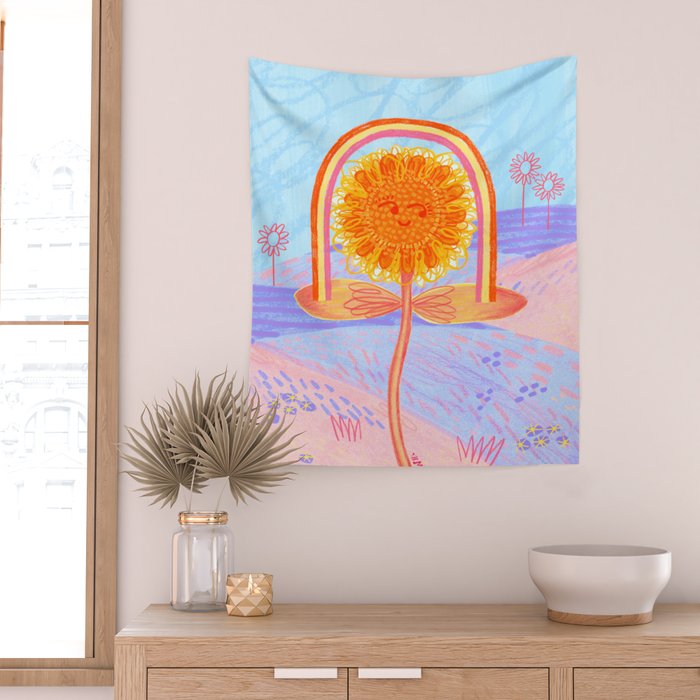 Retro Sunflower & Rainbow in Blue & Pink Wall Tapestry Gallery Image 2