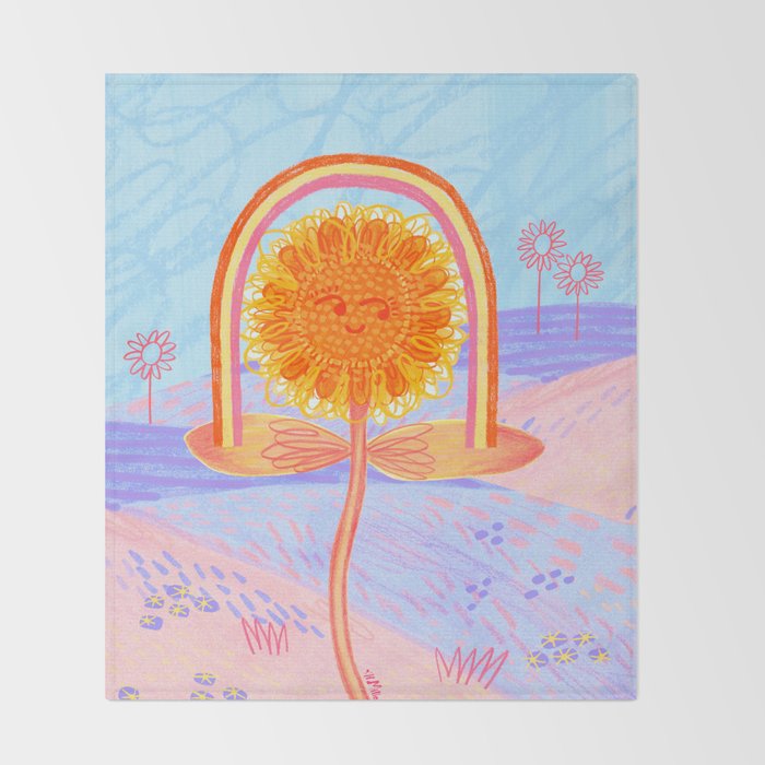 Retro Sunflower & Rainbow in Blue & Pink Throw Blanket Gallery Image 2