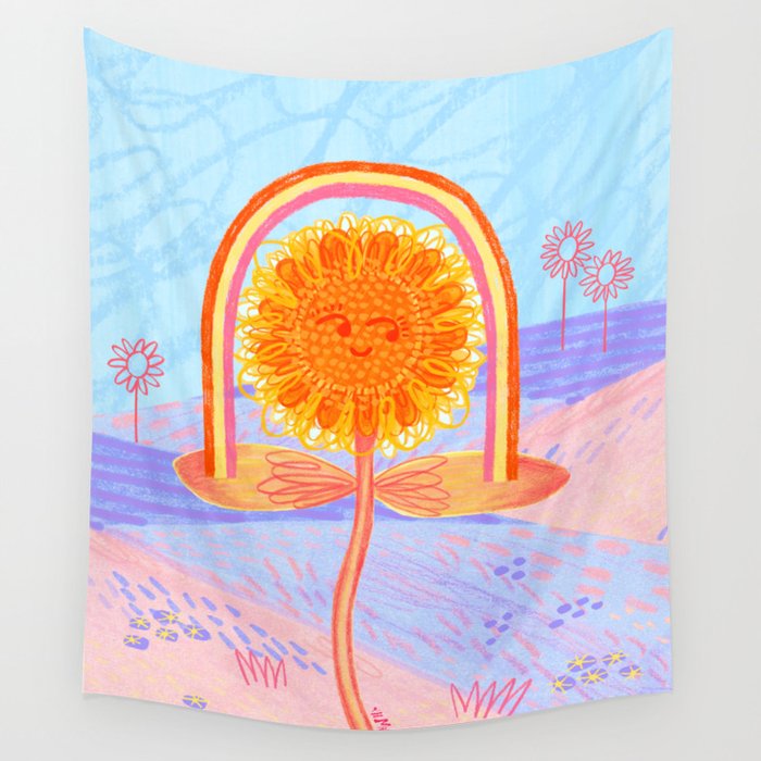 Retro Sunflower & Rainbow in Blue & Pink Wall Tapestry Gallery Image 4