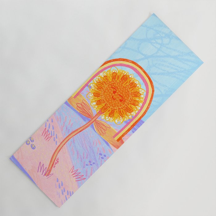 Retro Sunflower & Rainbow in Blue & Pink Yoga Mat Gallery Image 1