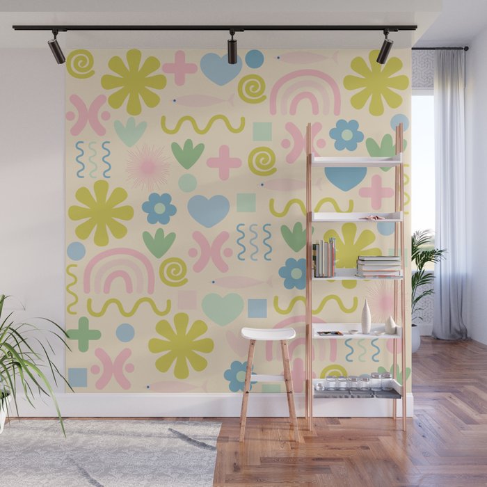 Cute Miscellany Cheerful Whimsical Pastel Pattern  Wall Mural Gallery Image 1