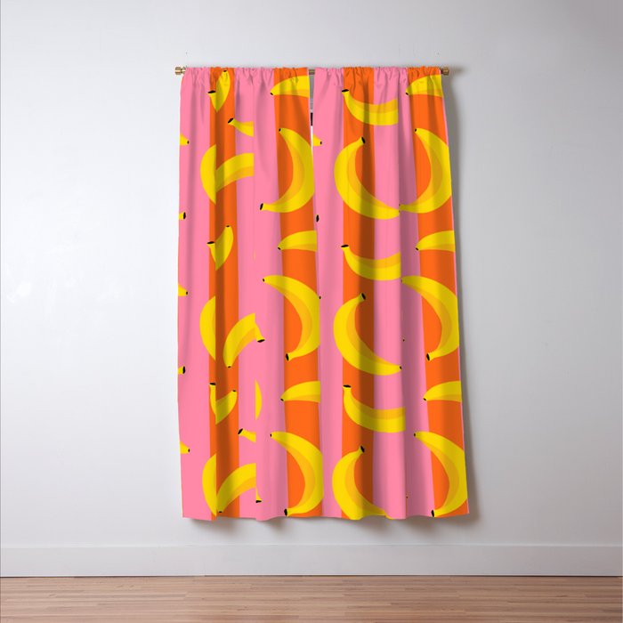 La Banane - Banana fruit market poster on aqua and pink and orange Window Curtain Gallery Image 3