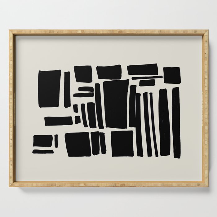 Black & White Minimalist Abstract Shapes Patterns Black Ink Painting Serving Tray Gallery Image 1