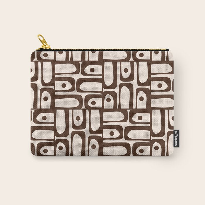 Mid Century Modern Piquet Abstract Multi Pattern in 70s Dark Brown and Beige Carry All Pouch Gallery Image 1