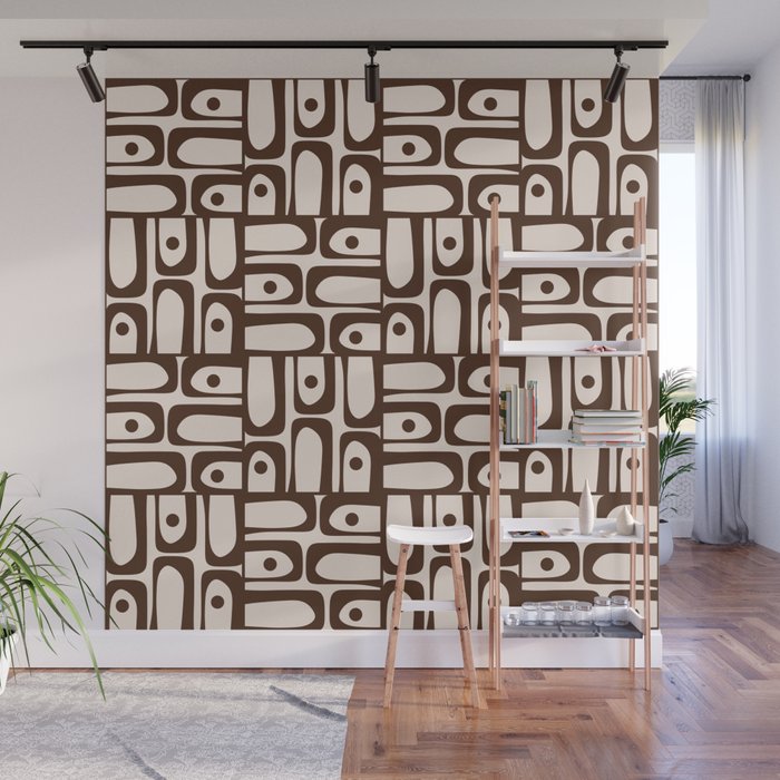 Mid Century Modern Piquet Abstract Multi Pattern in 70s Dark Brown and Beige Wall Mural Gallery Image 1