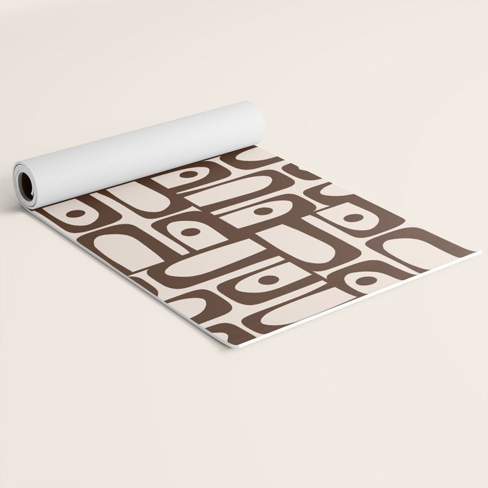 Mid Century Modern Piquet Abstract Multi Pattern in 70s Dark Brown and Beige Yoga Mat Gallery Image 2
