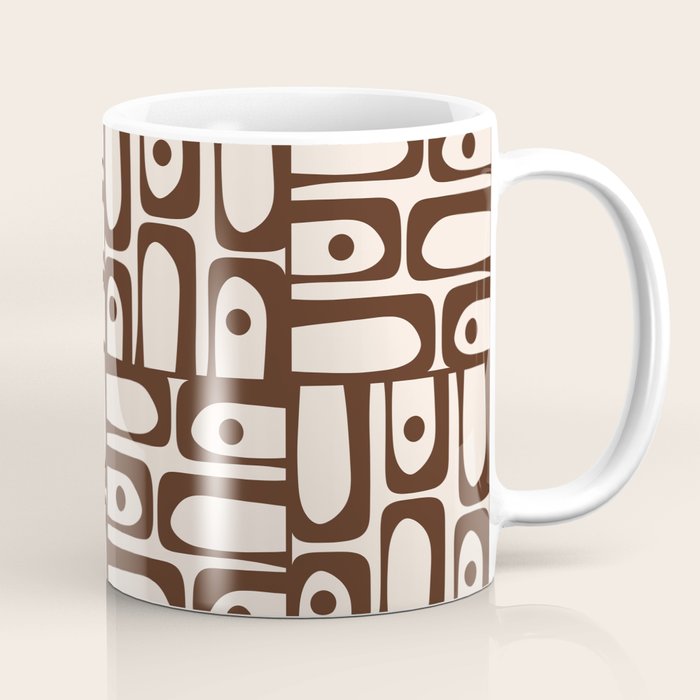 Mid Century Modern Piquet Abstract Multi Pattern in 70s Dark Brown and Beige Coffee Mug Gallery Image 1
