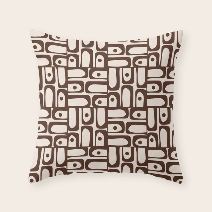 Mid Century Modern Piquet Abstract Multi Pattern in 70s Dark Brown and Beige Throw Pillow Gallery Image 1