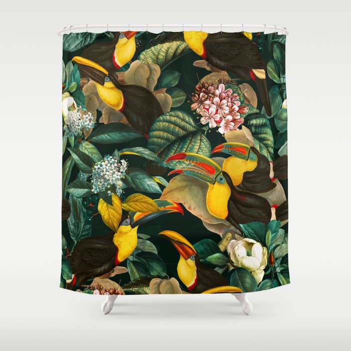 Floral and Birds Vintage Garden Night II Shower Curtain Gallery Image 1