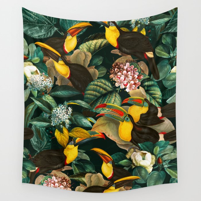 Floral and Birds Vintage Garden Night II Wall Tapestry Gallery Image 1