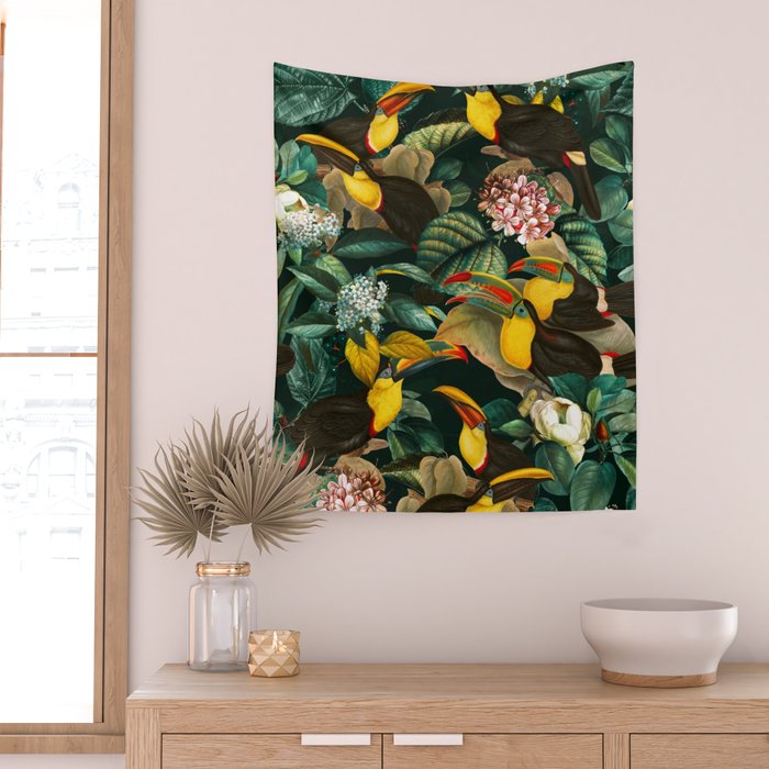 Floral and Birds Vintage Garden Night II Wall Tapestry Gallery Image 2