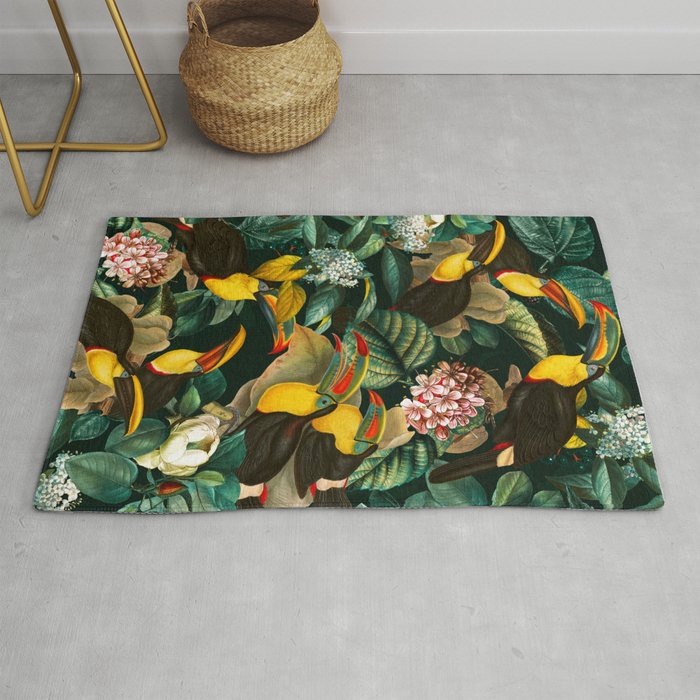 Floral and Birds Vintage Garden Night II Rug Gallery Image 1