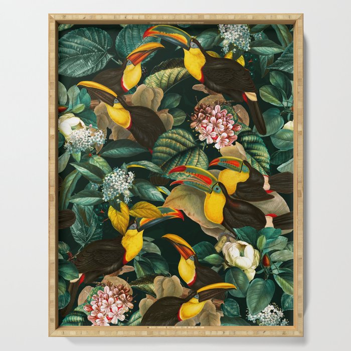 Floral and Birds Vintage Garden Night II Serving Tray Gallery Image 1
